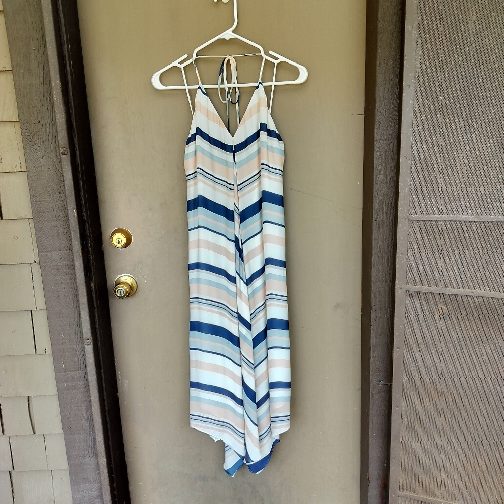 Ramy Brook Pink and Blue Striped Halter Silk Midi Dress Fishtail Hem